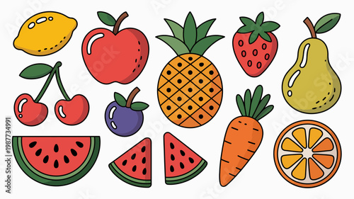 A colorful assortment of hand drawn fruits and vegetables is neatly arranged showcasing vibrant hues and simple playful designs high quality professional detailed modern elegant stylish