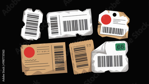 A collection of torn and crumpled ticket stubs are displayed against a black background featuring barcodes and red circles high quality professional detailed modern elegant stylish
