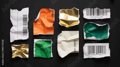 A collection of torn and crumpled chocolate bar wrappers displaying vibrant colors and barcode remnants against a dark backdrop high quality professional detailed modern elegant stylish