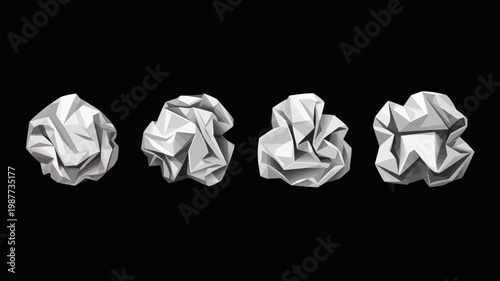 A series of four crumpled paper balls are displayed against a solid black background showcasing varying degrees of compression high quality professional detailed modern elegant stylish