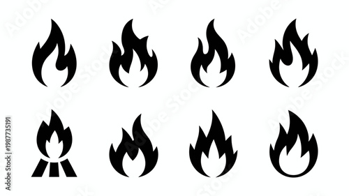A collection of stylized flame icons is displayed against a stark white background showcasing variations in shape and intensity high quality professional detailed modern elegant stylish