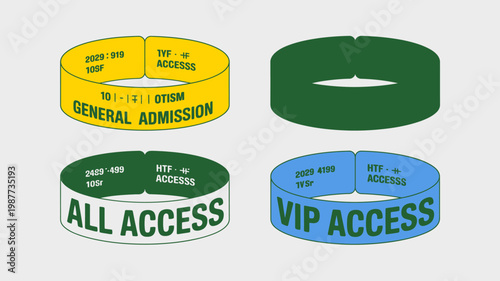 Four event wristbands are displayed each a different color and indicating varying levels of access general admission staff all access and vip high quality professional detailed