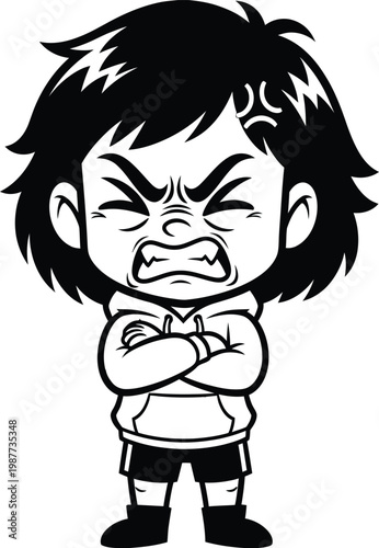 Black and White Cartoon Illustration of an Angry Frustrated Young Girl with Crossed Arms and Gritting Teeth Representing Temper Tantrum and Stress