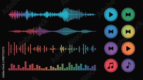 A colorful graphic displays various audio waveforms and playback control icons on a stark black background representing sound technology high quality professional detailed modern elegant stylish