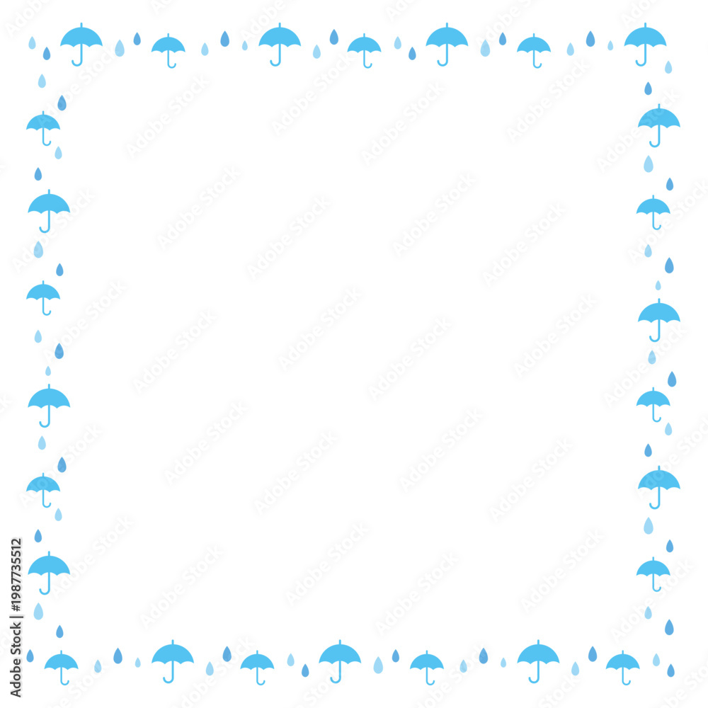 Fototapeta premium 傘と雨のシンプルフレーム 梅雨の爽やかな正方形背景