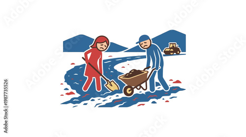 Cartoon People Cleaning a Road Together