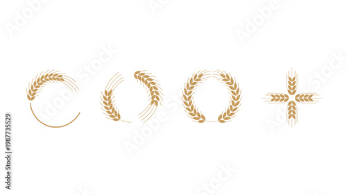 A collection of golden wheat illustrations are displayed in various circular and linear arrangements against a plain white background high quality professional detailed modern elegant stylish