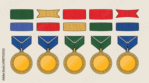 A colorful illustration depicts various military ribbons and medals arranged in rows showcasing symbols of honor and achievement high quality professional detailed modern elegant stylish clean