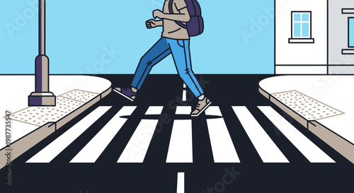 Person crossing street on foot alone.