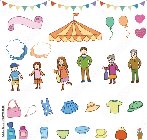A set of cute, colorful, hand-drawn illustrations featuring a family going out and flea market items.