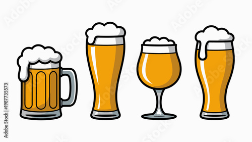 A colorful illustration depicts four glasses of golden beer each with a frothy head showcasing diverse glassware styles high quality professional detailed modern elegant stylish clean