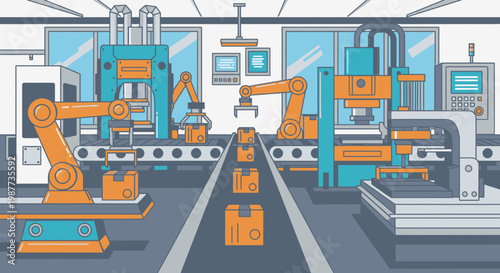 Robotic arms in factory production line.