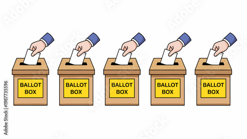 Five hands are depicted depositing ballots into brown voting boxes illustrating the democratic process and civic engagement in an election high quality professional detailed modern elegant