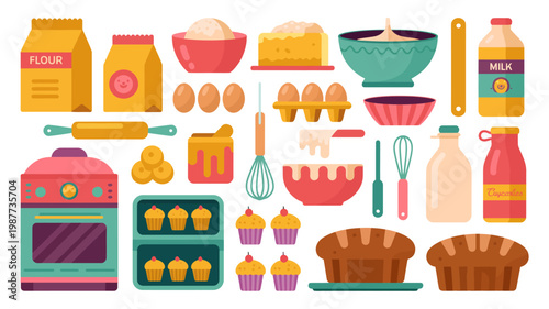 A colorful illustration depicts various baking ingredients and finished products including flour eggs cupcakes and a mixer high quality professional detailed modern elegant stylish clean crisp
