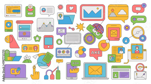 A colorful collection of digital icons depicting various social media communication and technology concepts in a flat design style high quality professional detailed modern elegant stylish