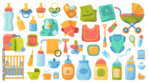 A colorful collection of baby products is displayed including bottles pacifiers clothing and a stroller arranged against a white background high quality professional detailed modern elegant