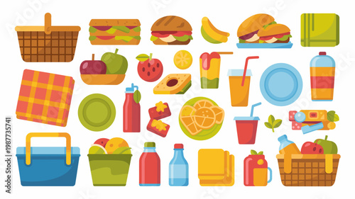 A colorful assortment of picnic items is displayed including food drinks baskets and tableware arranged on a white background high quality professional detailed modern elegant stylish