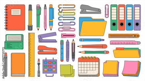 A colorful assortment of common office and school supplies is displayed including notebooks pens pencils rulers and folders high quality professional detailed modern elegant stylish clean