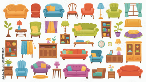 A colorful collection of furniture items is displayed including sofas chairs tables lamps and decorative elements arranged on a white background high quality professional detailed modern