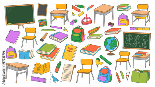 A colorful collection of school supplies and furniture is displayed including chairs desks books and a chalkboard high quality professional detailed modern elegant stylish clean crisp