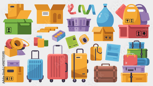 A colorful assortment of moving boxes suitcases and various packaged goods are displayed against a light background high quality professional detailed modern elegant stylish clean crisp