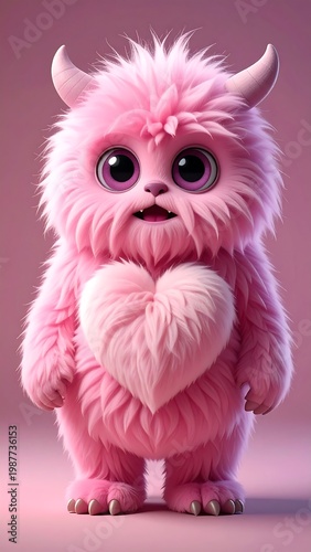 Cute pink monster with heart symbol.