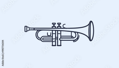 Illustration of a musical instrument, a brass trumpet, with a minimalist design and clean lines on a light blue background