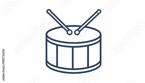 A simple, clean line art illustration of a drum with drumsticks at the ready for a musical performance