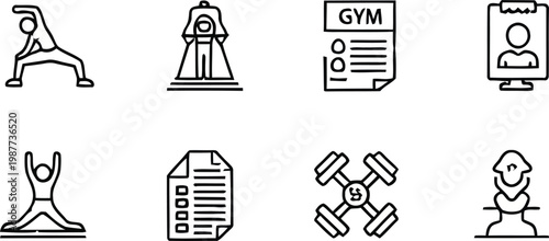 Fitness and exercise icons depicting gym activities and healthy lifestyles