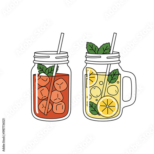 Refreshing Mason Jar Lemonade and Iced Tea Vector Illustration