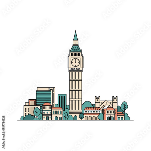 Flat vector illustration of London skyline with Big Ben