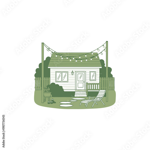 Minimalist Green Backyard Cottage Illustration with String Lights