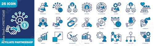 Affiliate Partnership Icon Set Collection In Blue Style. Icon Set Consist Of Affiliate, Referral, Network, Collaboration, Strategy, Mapping, Structure, Optimization And More.