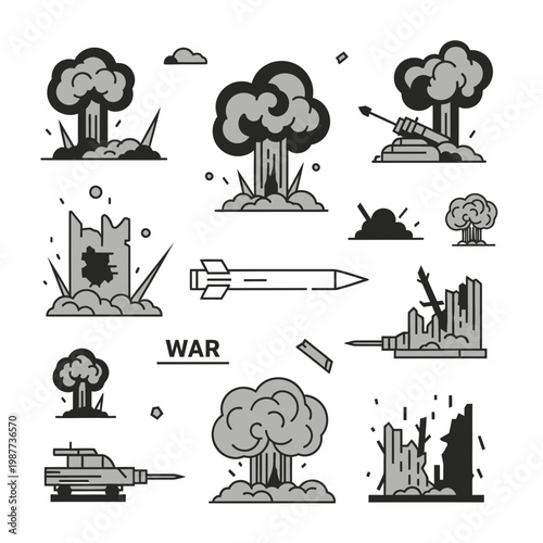 War and Military Destruction Icons Set