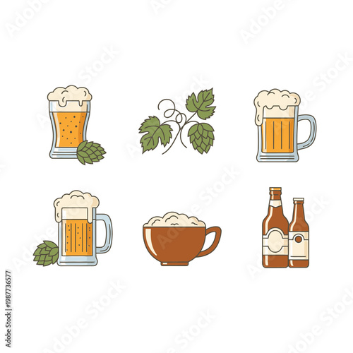 Craft Beer Icon Set with Glass Mugs Bottles and Hop Cones
