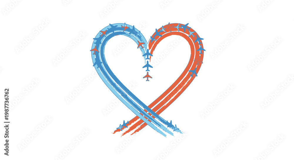 Naklejka premium Aviation Heart Concept with Blue and Red Airplane Trails