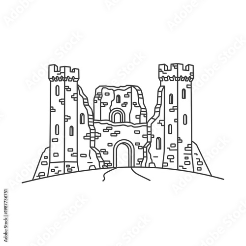 Minimalist Outline Vector of Ancient Stone Fortress Ruins