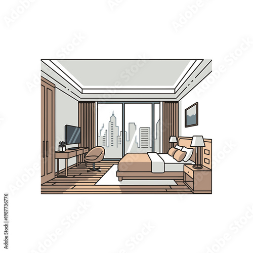 Modern Hotel Bedroom Interior with City Skyline View Illustration