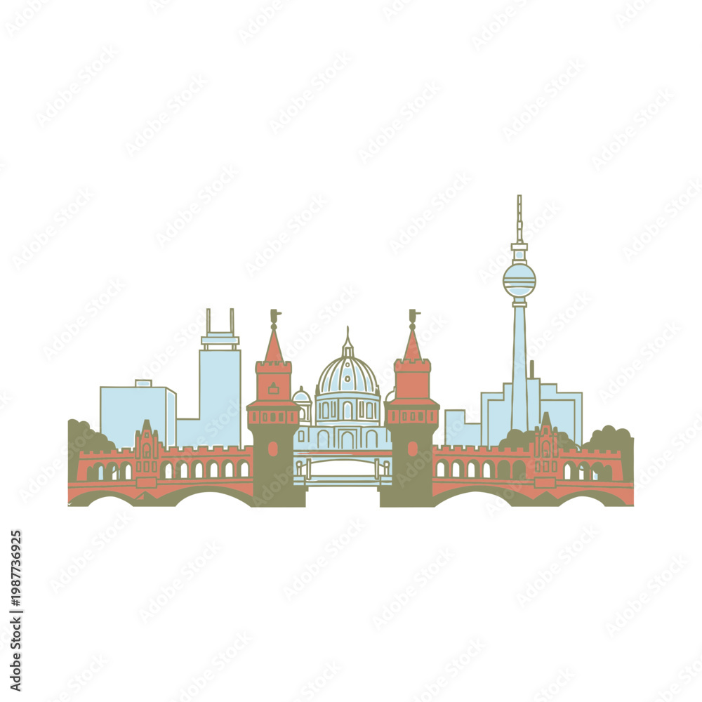 Naklejka premium Berlin City Skyline Illustration with Oberbaum Bridge and TV Tower