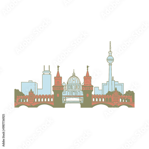 Berlin City Skyline Illustration with Oberbaum Bridge and TV Tower