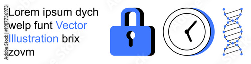 Data protection, time tracking, science, security, research, biotechnology. Blue lock, round clock DNA double helix strand in minimal design. Data protection and time tracking concept