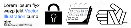 Data protection, scheduling, medical care, online security, injury support, healthcare planning. Lock, calendar and bandaged hand in bold icons. Data protection and scheduling concepts