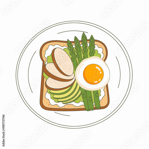 Avocado Toast with Asparagus Egg and Sliced Chicken Illustration