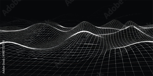 Abstract Digital Wave Grid Landscape Background, Futuristic Data Terrain Lines, White Wireframe Waves on Black, Technology Signal Flow, Minimal Corporate Tech Design with Copy Space