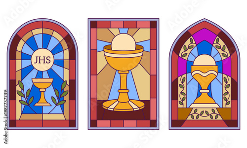 Glass church windows vector illustrations. Catholic frames, medieval cross art, chapel monastery interior. Bright mosaic colorful glasses.