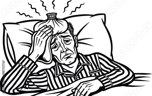 Black and White Illustration of a Sick Man Lying in Bed with an Ice Pack on His Head for Fever Relief