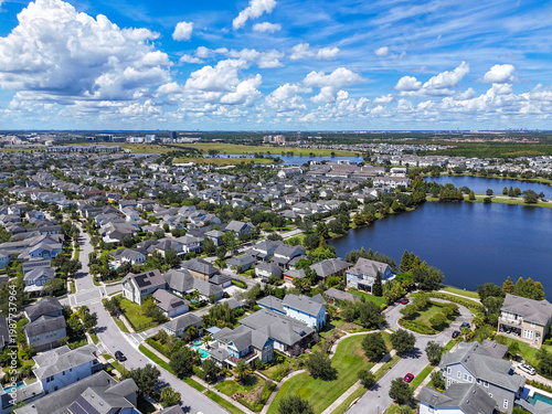 Residential homes with downtown Lake Nona in the distance in Orlando in Orange County, Florida.