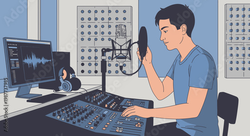 Man working at radio station desk.