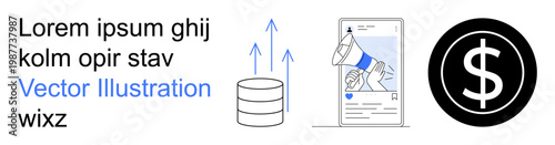 Digital advertising, financial growth, data storage, technology, online promotion, social media. Visual of data storage, mobile marketing interface dollar symbol. Digital advertising and financial