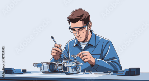 Man working with mechanical parts closely.